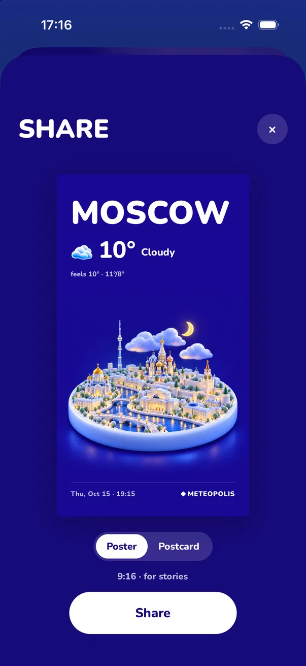 Share screen with a story-sized poster of Moscow's weather